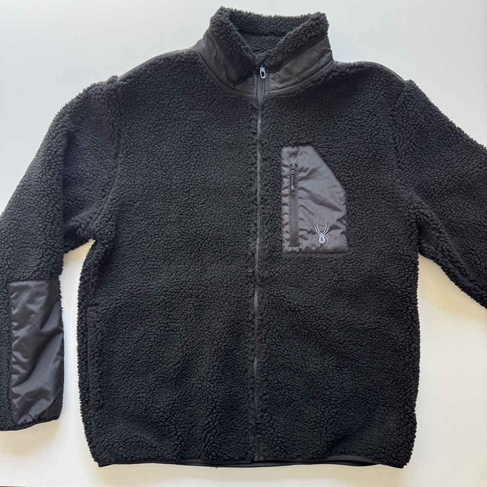 SPYDER High Pile Fleece Full Zip Jacket Mens Large Black Nylon Panels Sherpa